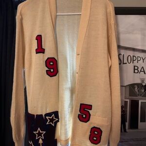Retro Cream Cardigan with Red and Blue Accents